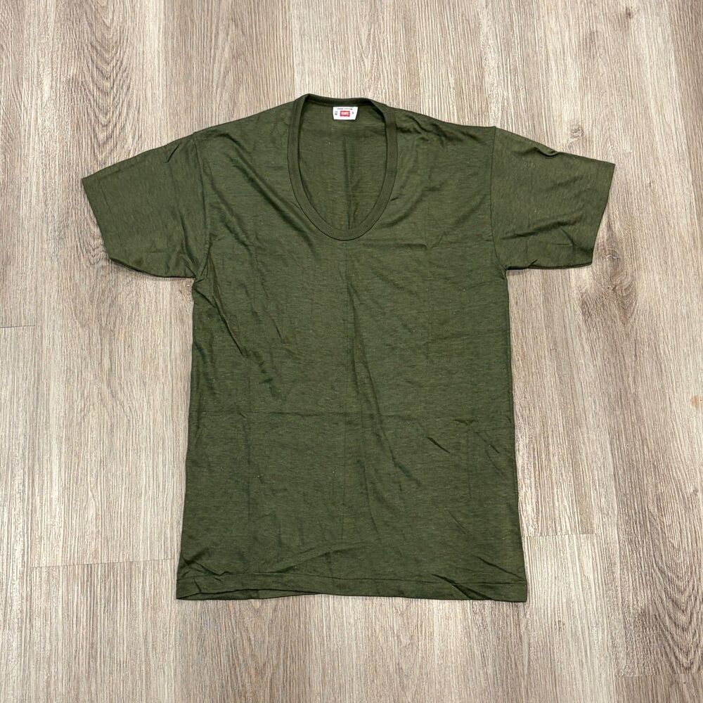 RARE Vintage 60s Hanes Blank U- Neck Tee T-Shirt Men's Size Small Olive Green